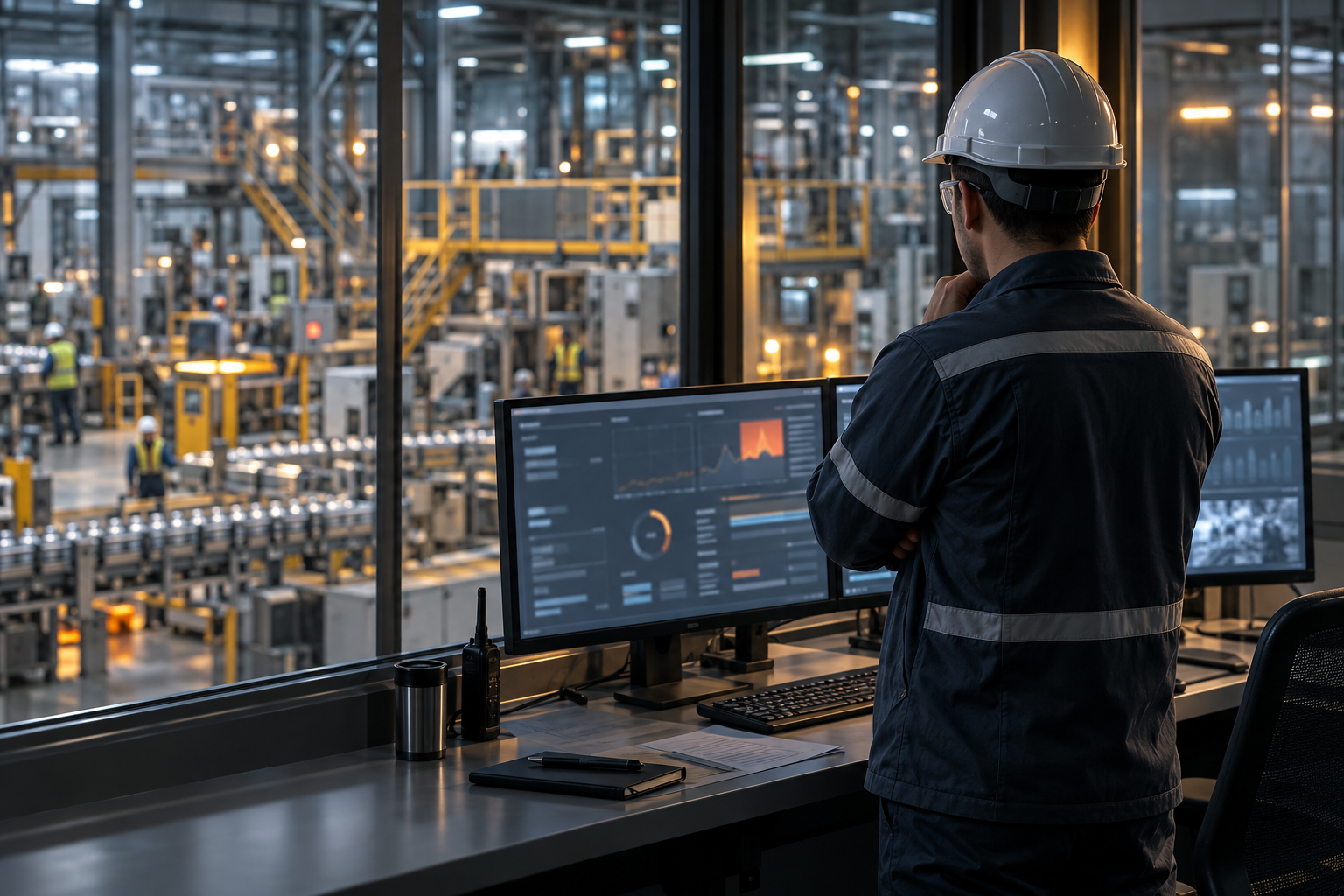 Manufacturing professional reviewing operations from a control room
