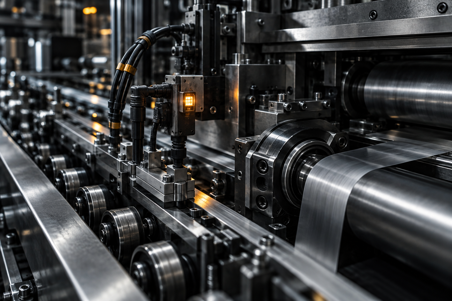 Close-up of industrial machinery and an active sensor